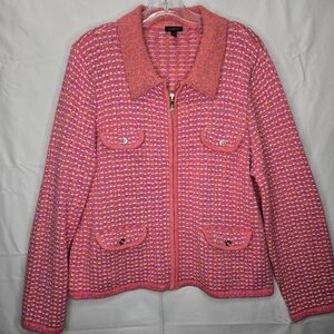 Talbots Collared Full Zip Cardigan Pink Orange Stripe Knitted Tweed Style Sz XL